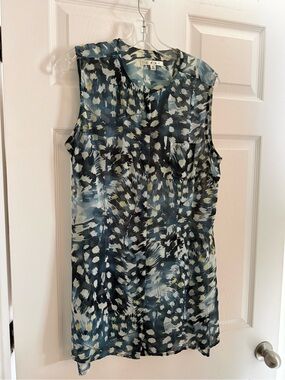 CAbi Navy, Cream & Pale Yellow Abstract-Print Sleeveless Sheer Tunic